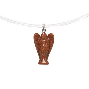 Pendant, brown goldstone (man-made) with silver-finished brass bail, 25x17mm-27x17mm hand-cut 3D angel. Sold individually.