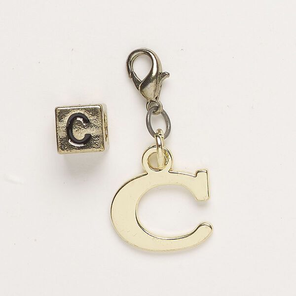 Bead and charm, brass-finished "pewter" (zinc-based alloy) / steel / enamel, black, 7mm cube with alphabet letter "C" and 15x12mm alphabet letter "C" with lobster claw clasp. Sold per pkg of 2. image number 0