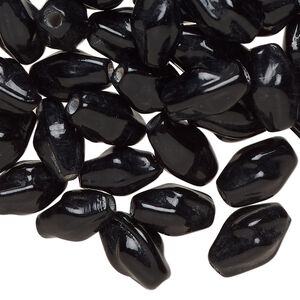 Bead, lampworked glass, opaque black, 12x8mm-13x9mm twisted double cone. Sold per 2-ounce pkg, approximately 65 beads.