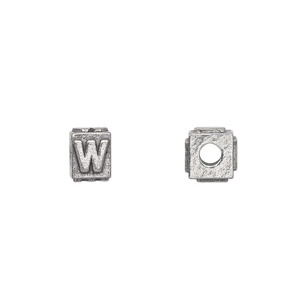 Bead, antiqued pewter (tin-based alloy), 8x6mm rectangle with alphabet letter "W". Sold per pkg of 4. image number 0