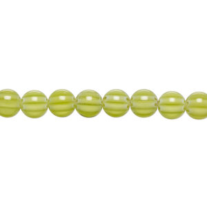 Bead, millefiori glass 1pkg1, translucent dark yellow-green / red / white, 6mm round, 15 inches.