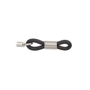 Eyeglass holder, rubber and imitation rhodium-finished steel, black, 22x6mm with 4x2.5mm cord end / 5mm open jump ring / adjustable coil. Sold per pkg of 20.