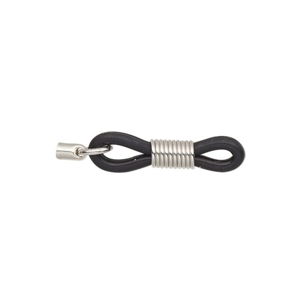 Eyeglass holder, rubber and imitation rhodium-finished steel, black, 22x6mm with 4x2.5mm cord end / 5mm open jump ring / adjustable coil. Sold per pkg of 20. image number 0