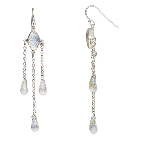 Sterling silver and dichroic glass drop earrings, blue / orange / clear, 12x9mm and 11x6mm. Sold per pair. image number 0