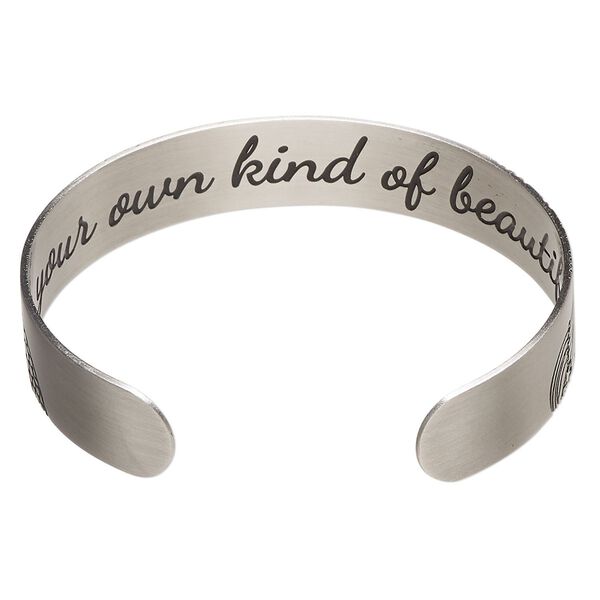 Bracelet cuff 1pkg1 silver-finished brass, black, 12mm wide with mermaid on outside / "Be your own kind of beautiful" on inside. image number 1