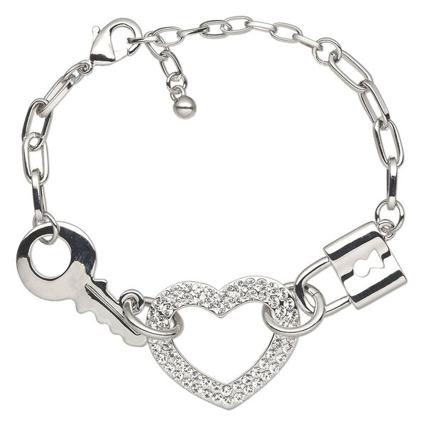 Bracelet, glass rhinestone with rhodium-finished steel and "pewter" (zinc-based alloy), clear, 22x14.5mm lock / 30x26mm open heart / 32x16mm key, 6 inches with 2-inch extender chain and lobster claw clasp. Sold individually. image number 0
