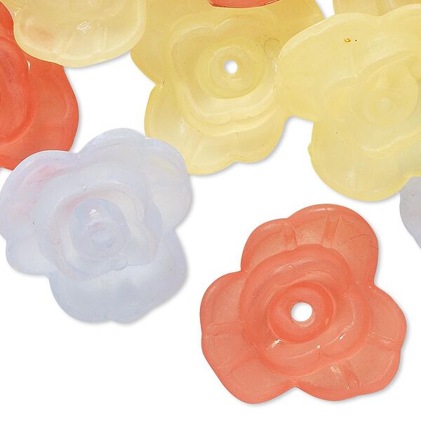 Component mix, acrylic, translucent frosted dark pink / yellow / light blue, 21x8mm flower. Sold per pkg of 30. image number 0