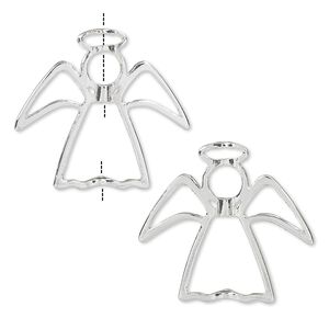 Bead frame, silver-finished "pewter" (zinc-based alloy), 35x32mm open angel, fits up to 2mm / 6mm / 14mm beads. Sold per pkg of 2.