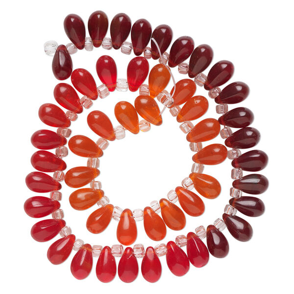 Bead, glass, transparent red, dark red and orange, 11x7mm top-drilled teardrop with irregular rondelles. Sold per 14-inch strand. image number 0