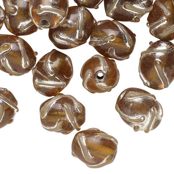 Bead, lampworked glass, translucent brown and silver with swirl design, 11x9mm oval. Sold per 2-ounce pkg, approximately 40 beads. image number 0