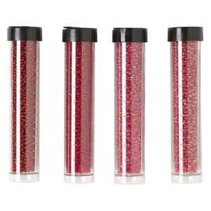 Seed bead assortment, Ming Tree™, glass, pkg/(4) 4 x 3/4 inch vials, #11 round, translucent and transparent silver-lined rainbow ruby red.