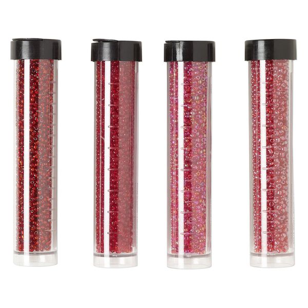 Seed bead assortment, Ming Tree™, glass, pkg/(4) 4 x 3/4 inch vials, #11 round, translucent and transparent silver-lined rainbow ruby red. image number 0