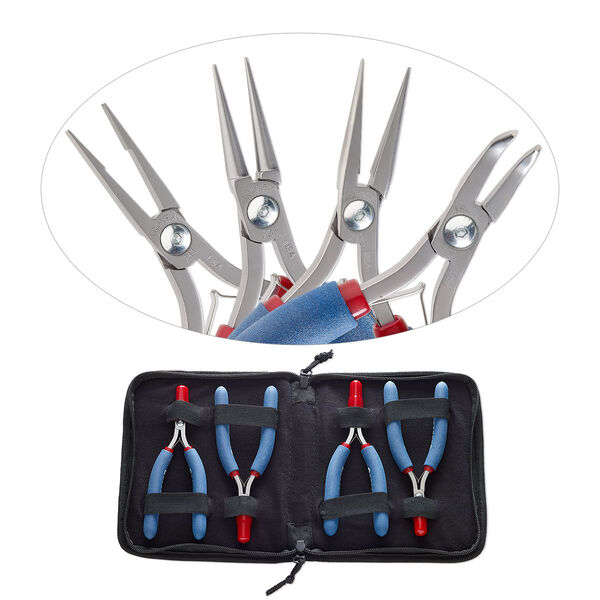 Pliers set, Tronex®, 741 flat-nose / 731 round-nose / 711 chain-nose / 752 curved-nose, steel and rubber, red / blue / white, 6 to 6-1/2 inches with 7-3/4 x 6-1/2 x 1-inch case. Sold per 4-piece set. image number 0