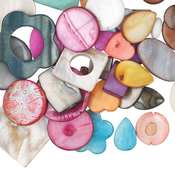 Bead mix, mother-of-pearl shell (natural / bleached / dyed), mixed colors, 11x11mm-35x35mm multi-shape. Sold per pkg of 1/4 pound, approximately 60 beads. image number 0