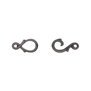 Clasp hook&eye 1pkg1 black-plated pewter (tin alloy), 16x7mm fancy, TierraCast® 1-strand