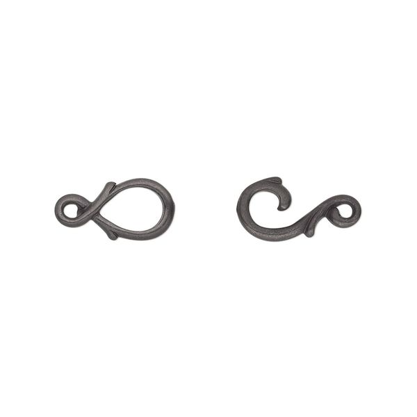 Clasp, TierraCast®, hook-and-eye, black-plated pewter (tin-based alloy), 16x7mm with fancy vine design. Sold individually. image number 0