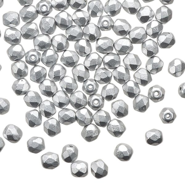 Bead 1pkg100 Czech fire-polished glass, 4mm faceted round, opaque satin metallic silver image number 0