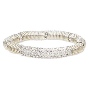 Bracelet, stretch, glass rhinestone / nylon / polymer clay / silver-plated brass / steel / "pewter" (zinc-based alloy), white and clear, 9mm wide with 45x9mm curved tube, 6-1/2 inches. Sold individually.