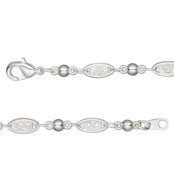 Chain, silver-plated "pewter" (zinc-based alloy), 4mm filigree and 3mm ball, 20 inches. Sold individually. image number 0