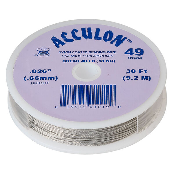 Beading wire, Acculon®, nylon-coated stainless steel, clear, 49 strand, 0.026-inch diameter. Sold per 30-foot spool. image number 0