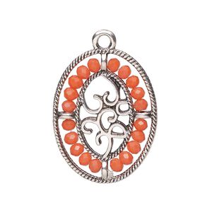 Drop, antique silver-finished "pewter" (zinc-based alloy), salmon pink, 28x21.5mm oval with hearts and beaded border. Sold per pkg of 2.