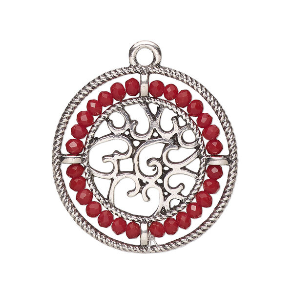 Drop, glass and antique silver-finished "pewter" (zinc-based alloy), dark red, 28mm round with hearts and beaded border. Sold per pkg of 2. image number 0