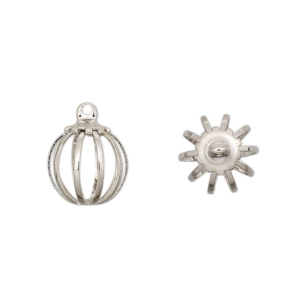Drop, imitation nickel-plated steel and brass, 11mm round bead cage. Sold per pkg of 100. image number 0