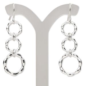 Earring, silver-finished brass and "pewter" (zinc-based alloy), 1-3/4 inches with 3-ring design and fishhook ear wire. Sold per pair.