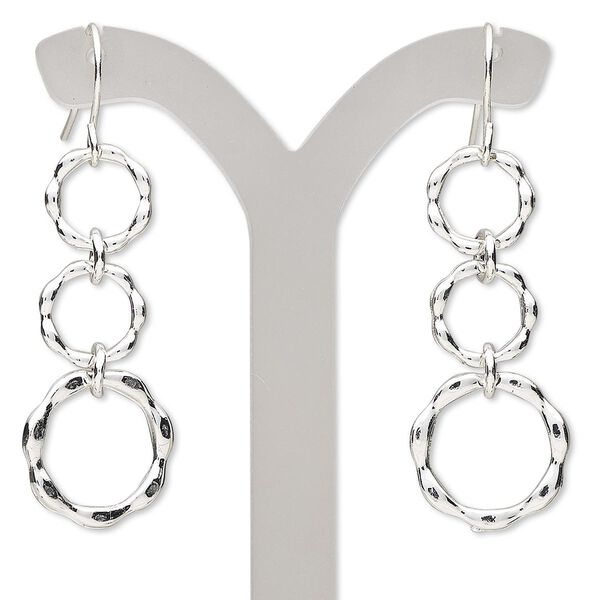 Earring, silver-finished brass and "pewter" (zinc-based alloy), 1-3/4 inches with 3-ring design and fishhook ear wire. Sold per pair. image number 0