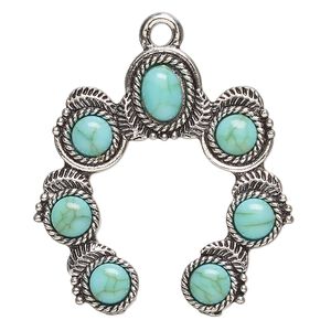 Focal, antique silver-finished "pewter" (zinc-based alloy) and "turquoise" (resin) (imitation), turquoise blue, 38x36.5mm single-sided naja. Sold individually.
