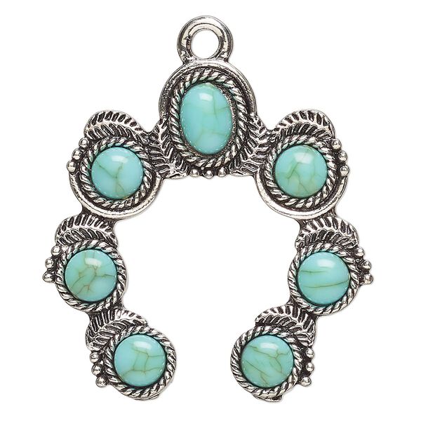 Focal, antique silver-finished "pewter" (zinc-based alloy) and "turquoise" (resin) (imitation), turquoise blue, 38x36.5mm single-sided naja. Sold individually. image number 0