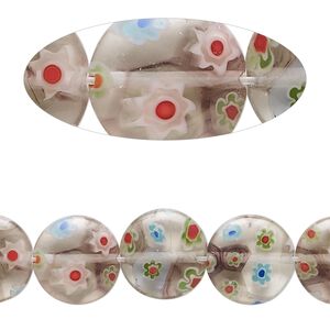 Bead, millefiori glass, translucent multicolored, 11-12mm puffed flat round. Sold per 14-inch strand.