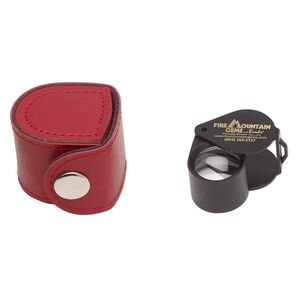 Loupe, Fire Mountain Gems and Beads©, 10x power, glass / leatherette / powder-coated steel / brass, black and gold, 2 inches (when opened). Sold individually.