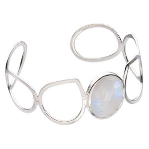 Bracelet, cuff, rainbow moonstone (natural) and sterling silver, 27mm wide with faceted oval, 7-1/2 inches. Sold individually.