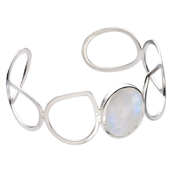 Bracelet, cuff, rainbow moonstone (natural) and sterling silver, 27mm wide with faceted oval, 7-1/2 inches. Sold individually. image number 0
