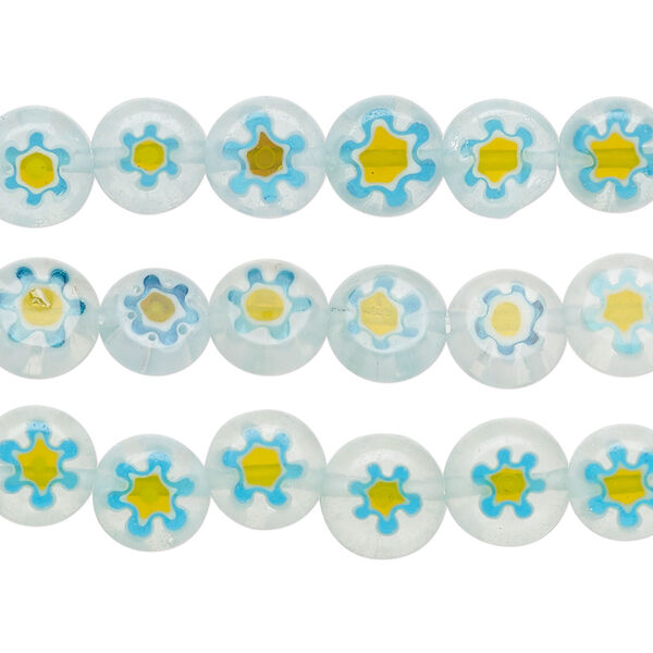 Bead mix, millefiori glass, translucent clear and aqua blue / yellow / orange, 8-9mm puffed flat round with flower design. Sold per pkg of (3) 14-inch strands, approximately 155 beads. image number 0