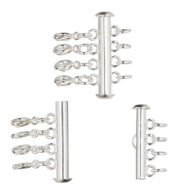 Clasp, 4-strand slide lock, silver-finished brass, 26.5x6mm round tube with 4 springring clasps and (4) 5mm open jump rings. Sold per pkg of 10. image number 0