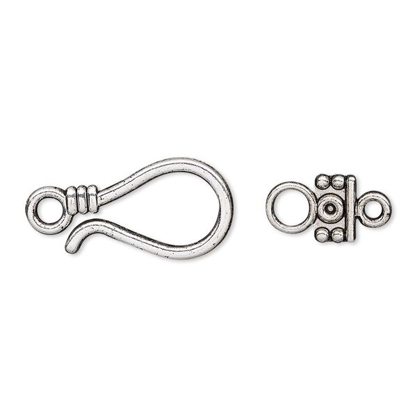 Clasp, hook-and-eye, antique silver-finished "pewter" (zinc-based alloy), 23x11mm single-sided. Sold per pkg of 10. image number 0