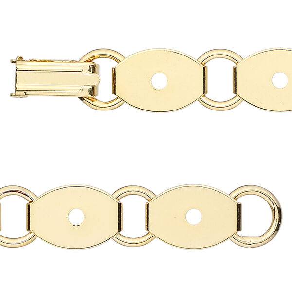 Bracelet component 1pkg1, gold-plated steel, (10) 13x10mm oval link settings, 7 inches with fold-over clasp. image number 0