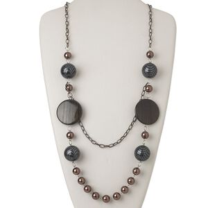 Necklace, plastic / acrylic / silver- and gunmetal-finished steel, multicolored, 27-inch continuous loop. Sold individually.