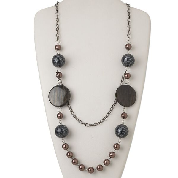 Necklace, plastic / acrylic / silver- and gunmetal-finished steel, multicolored, 27-inch continuous loop. Sold individually. image number 0
