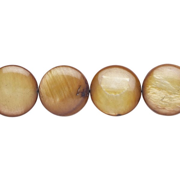 Mother-of-pearl shell 1pkg1, puffed flat round bead 15 inch golden brown 12-13mm image number 0