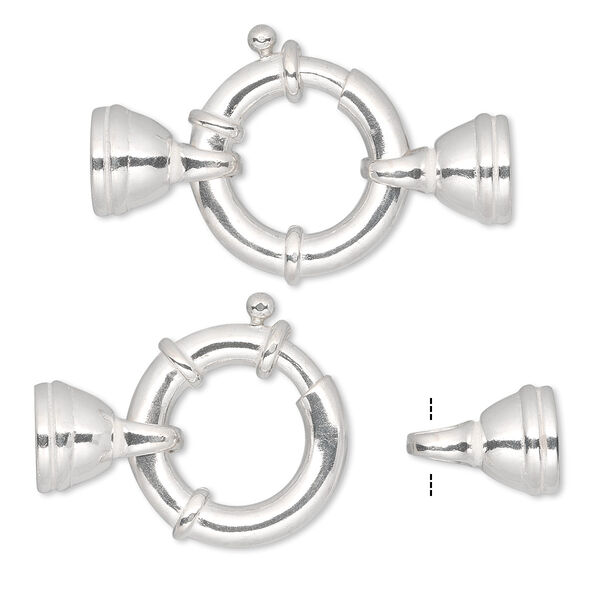 Clasp, springring, sterling silver, 36x20mm with end caps, 7.5mm inside diameter. Sold individually. image number 0