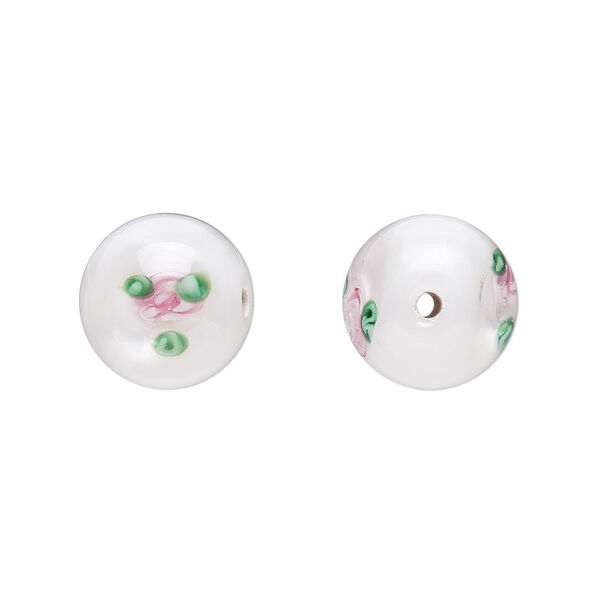 Bead, Czech lampworked glass, opaque white / pink / green, 10-11mm round with flower design. Sold per pkg of 4. image number 0