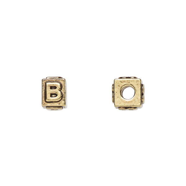 Bead, antique gold-plated pewter (tin-based alloy), 8x6mm rectangle with alphabet letter "B." Sold per pkg of 4. image number 0