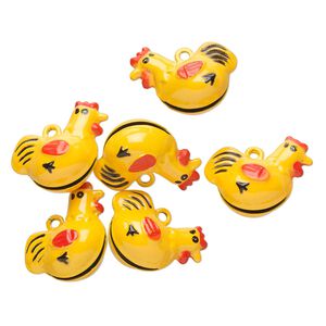 Bell, brass and enamel, black / red / yellow, 25x21mm chicken. Sold per pkg of 6.