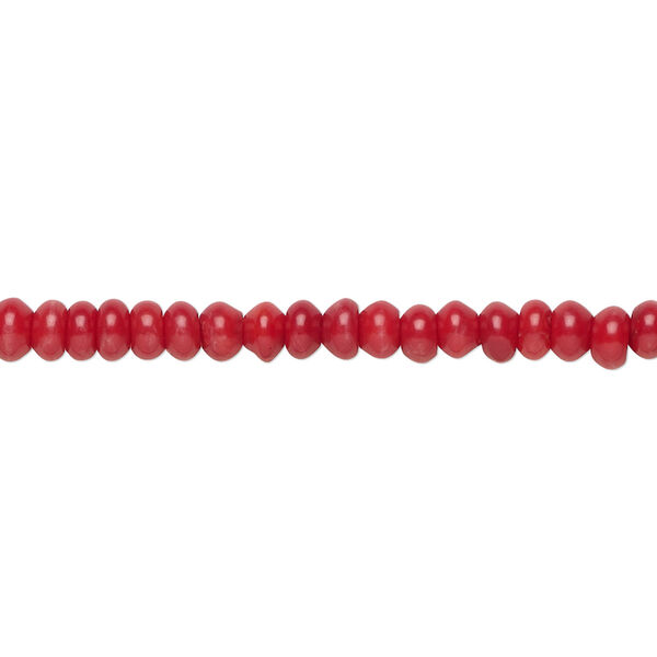 Bead, bamboo coral (dyed), red, 4x3mm hand-cut rondelle, B- grade, Mohs hardness 3-1/2 to 4. Sold per 15-1/2" to 16" strand. image number 0