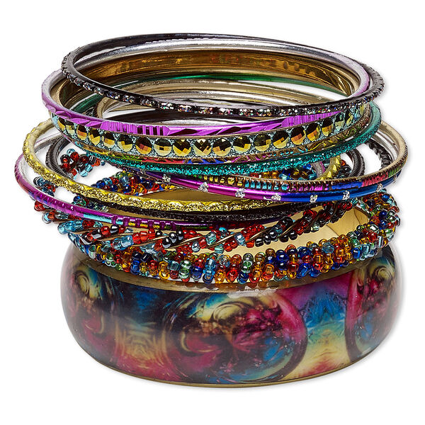 Bracelet, bangle, glass / enamel / resin / gold-finished steel / aluminum / brass, assorted colors with glitter, 2.5-17mm wide, 7-1/2 to 8 inches. Sold per 14-piece set. image number 0