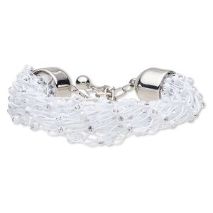 Bracelet, glass rhinestone / acrylic / nylon / silver-coated plastic / silver-finished steel, white and clear, 20mm wide, 6 inches with 2-inch extender chain and lobster claw clasp. Sold individually.