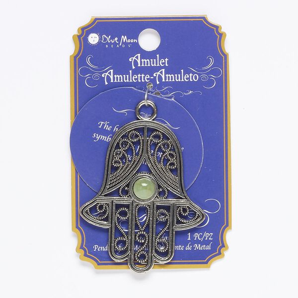 Focal, green aventurine (natural) and antique silver-finished "pewter" (zinc-based alloy), 58x48mm single-sided Fatima hand. Sold individually. image number 0